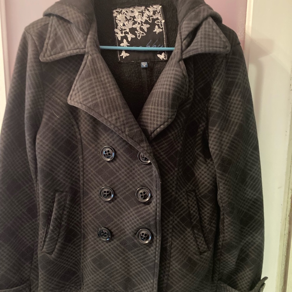 Dressy Fleece Lined Jacket with hood. Size Medium.